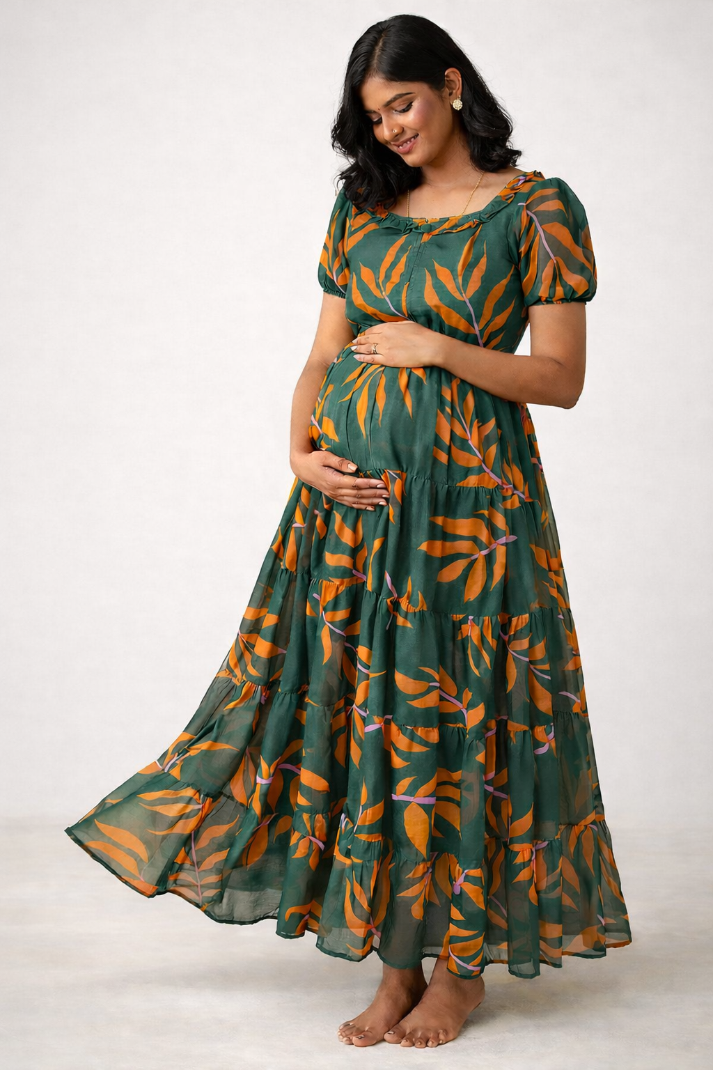 Whispers of Nature: Green Leaves Center Zip Chiffon Feeding Gown  Pinata  Club Fashions