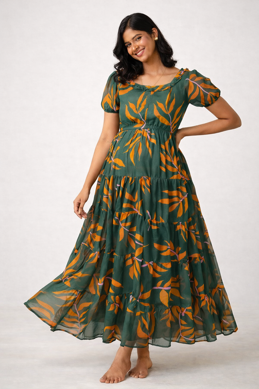 Whispers of Nature: Green Leaves Center Zip Chiffon Feeding Gown