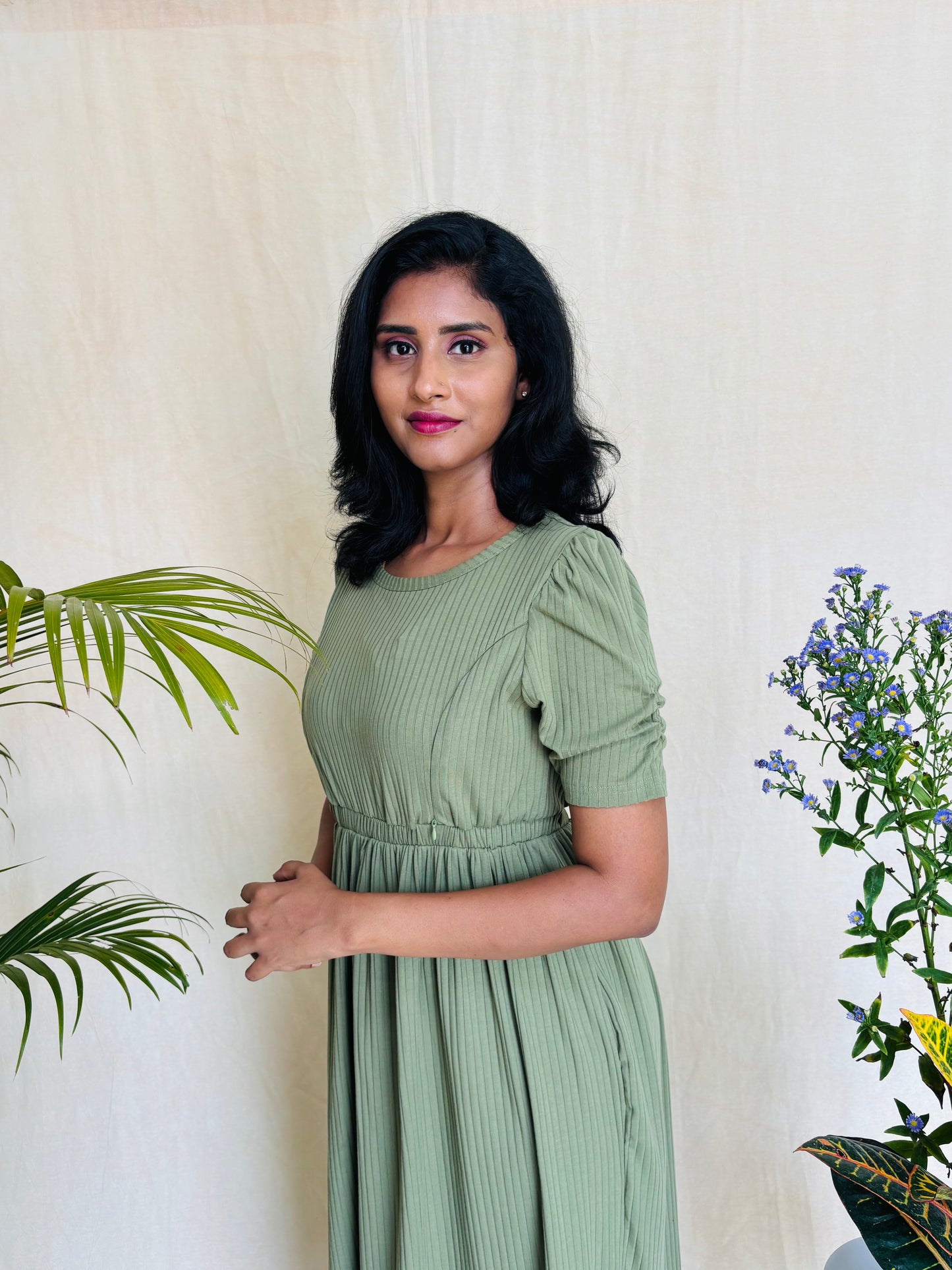 Green and Brown Cross-Zip Feeding Gown