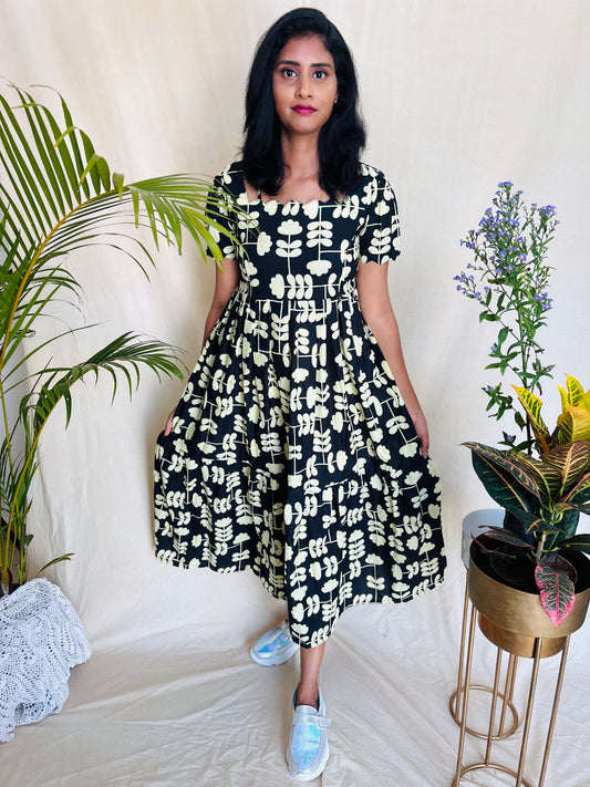 Night Garden Grace – Black & Cream Leaf Print Feeding Dress