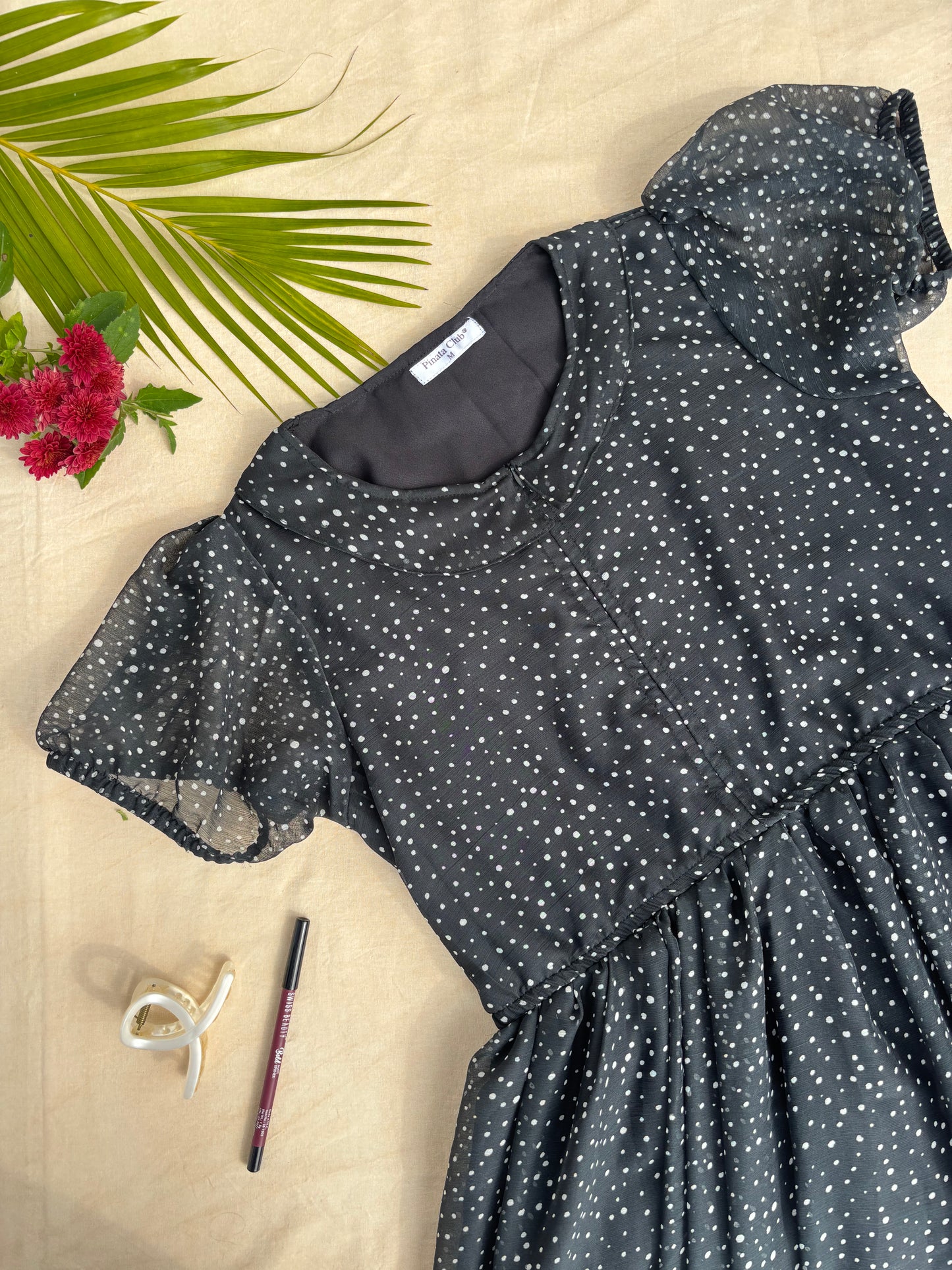 Polka Dot Chic: Black Dot Chiffon - Calf Length - Feeding Gown