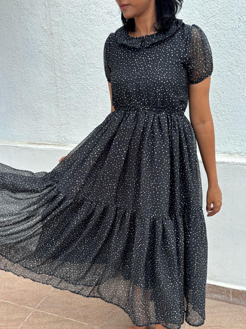 Polka Dot Chic: Black Dot Chiffon - Calf Length - Feeding Gown