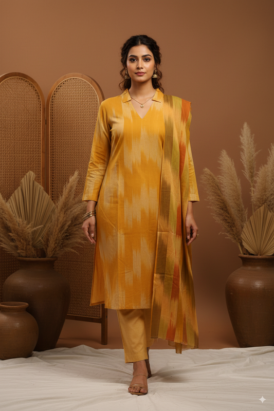 Golden Glow: Vibrant Yellow 3-Piece Cotton Kurti Set