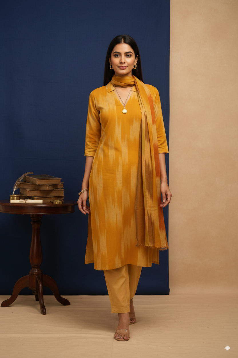 Golden Glow: Vibrant Yellow 3-Piece Cotton Kurti Set