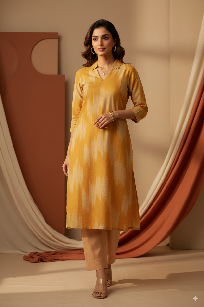 Golden Glow: Vibrant Yellow 3-Piece Cotton Kurti Set