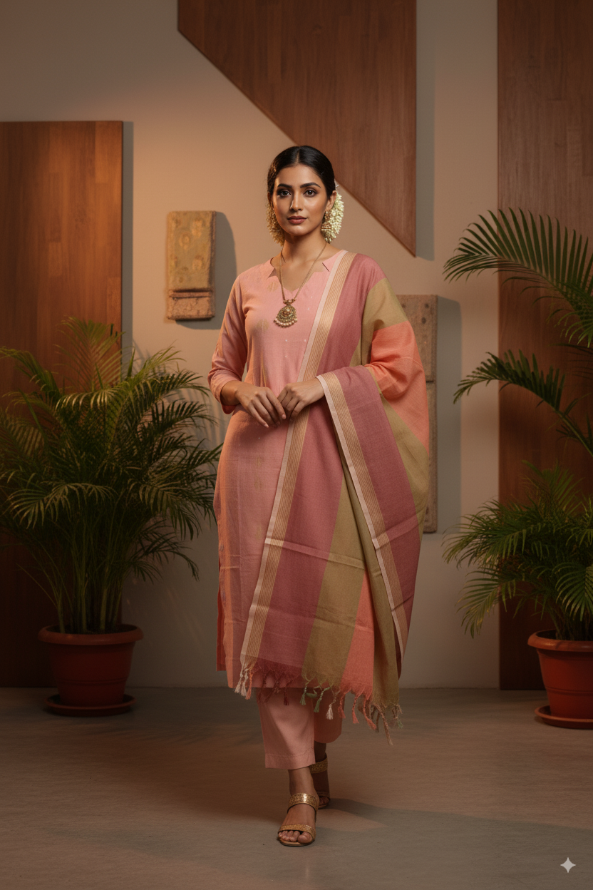 Peach Blush: Elegant 3-Piece Cotton Kurti Set