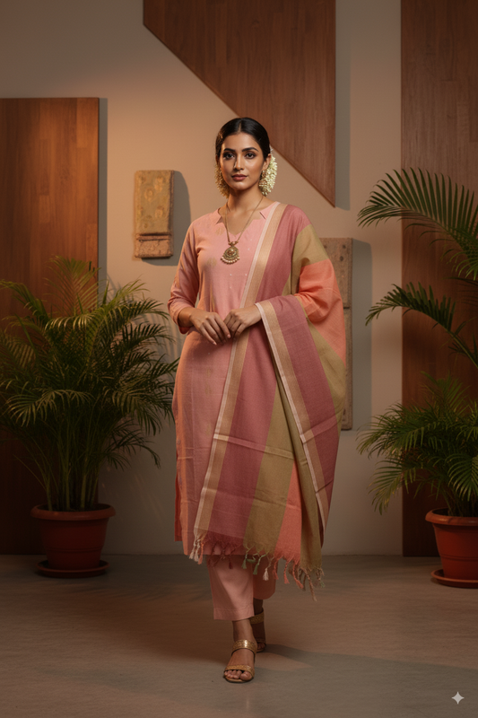 Peach Blush: Elegant 3-Piece Cotton Kurti Set