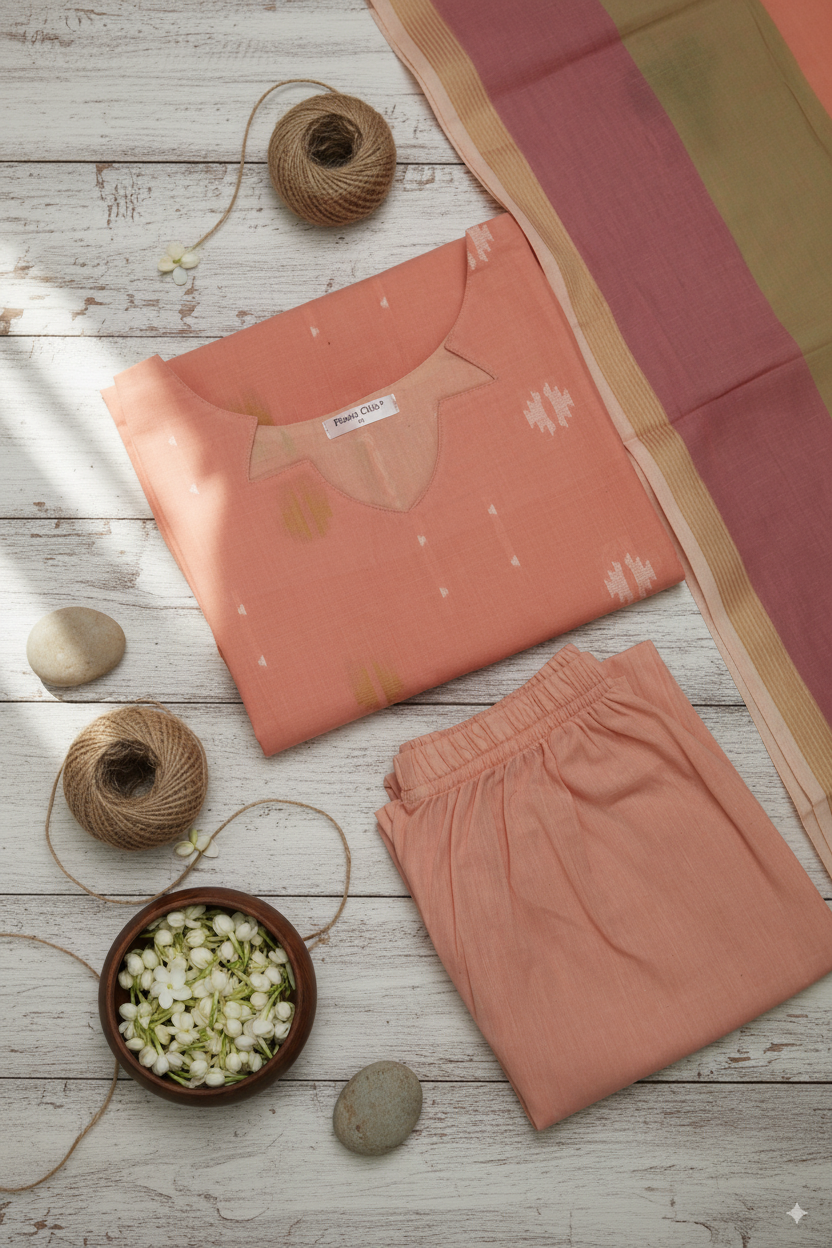 Peach Blush: Elegant 3-Piece Cotton Kurti Set