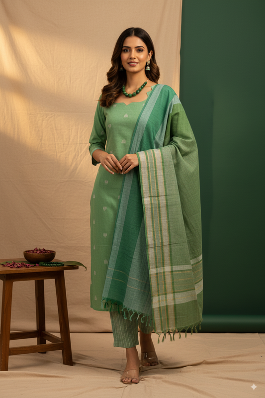 Trendy Green 3-Piece Cotton Kurti Set