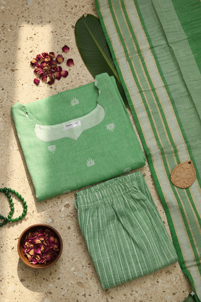 Trendy Green 3-Piece Cotton Kurti Set