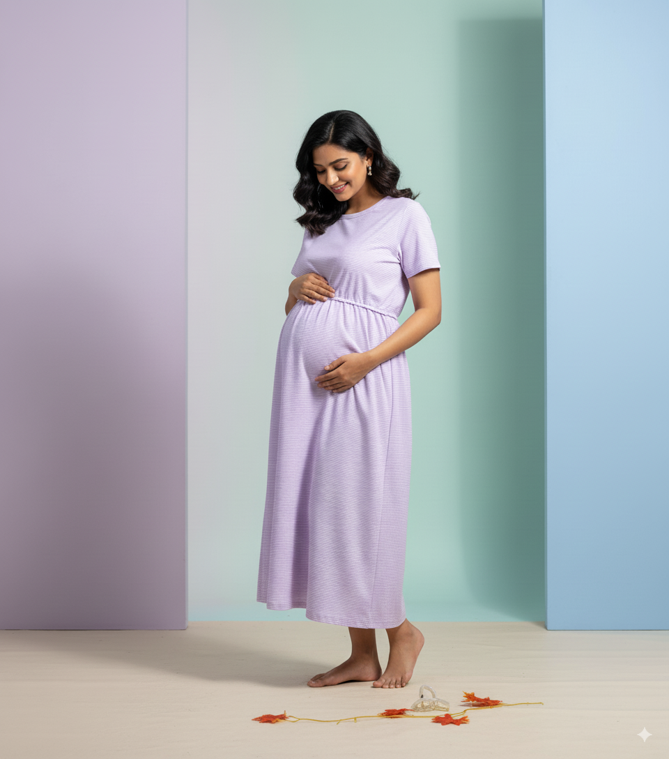 Regal Comfort: Lavender Elastic Pull-Up Feeding Gown