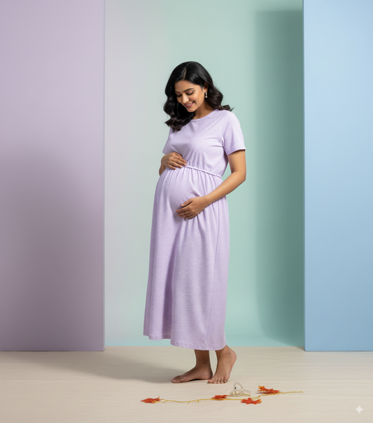 Regal Comfort: Lavender Elastic Pull-Up Feeding Gown