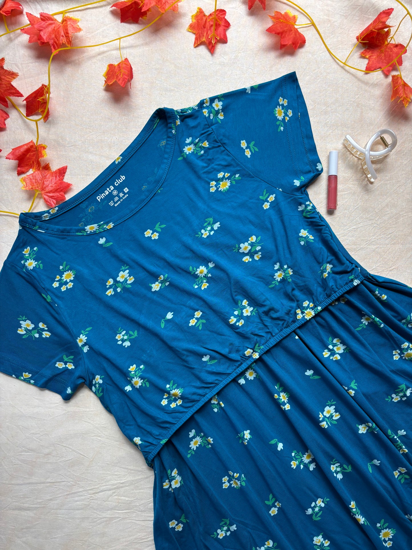 Blooming Beauty: Blue Floral Elastic Feeding Gown