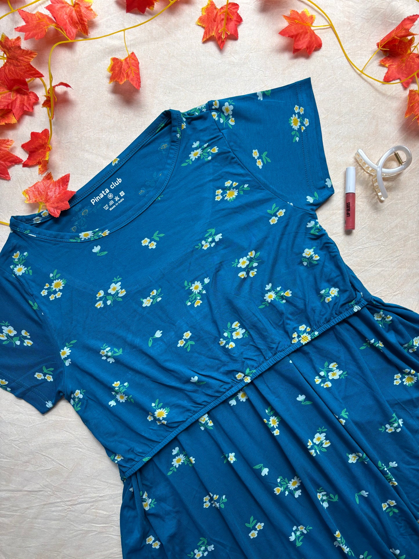 Blooming Beauty: Blue Floral Elastic Feeding Gown