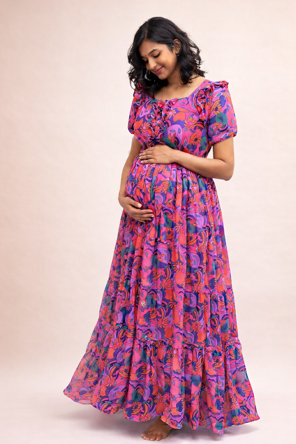 Petite Bloom: Pink&Blue Flower - Center Zip Chiffon - Feeding Gown