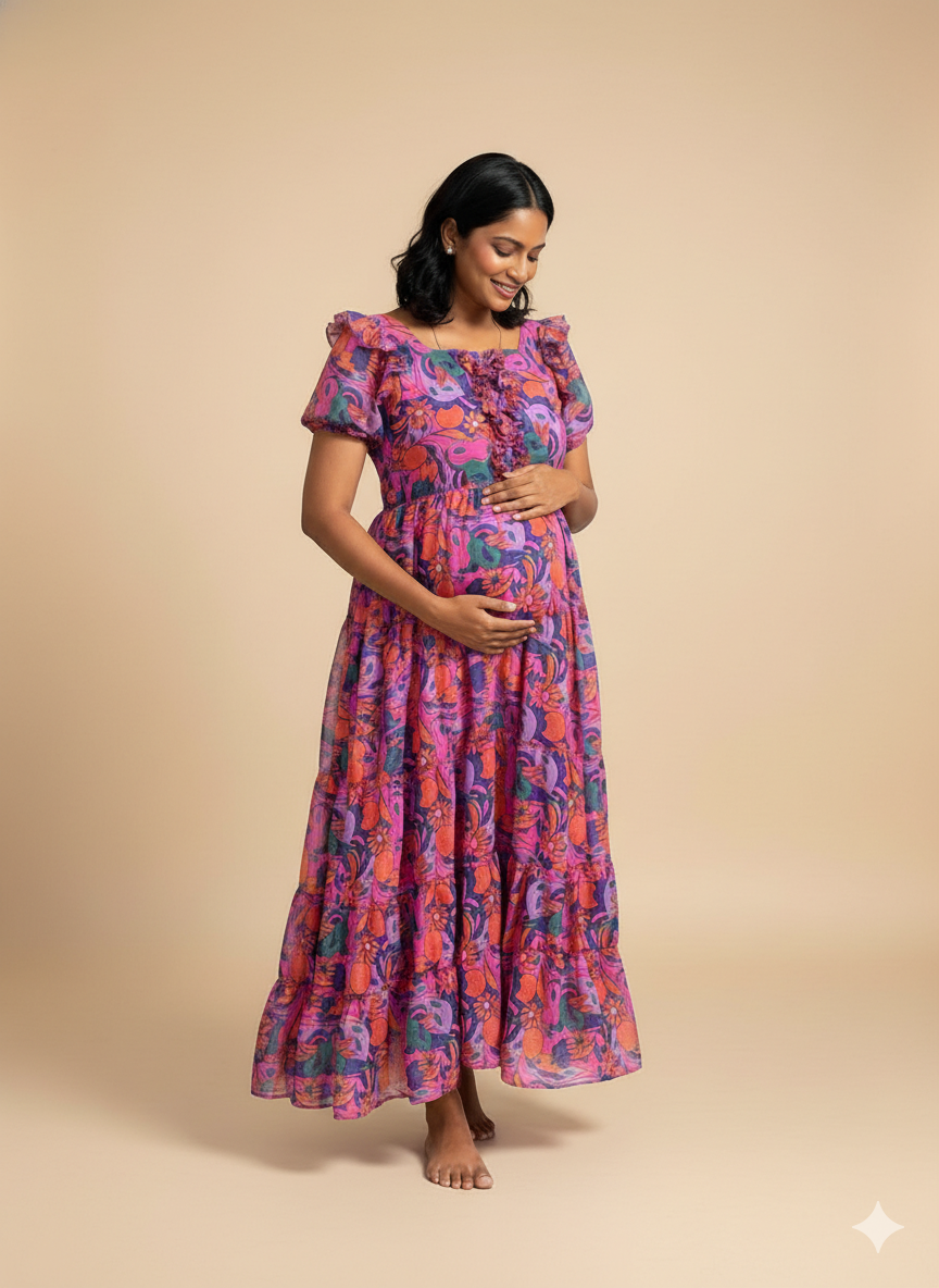 Petite Bloom: Pink&Blue Flower - Center Zip Chiffon - Feeding Gown