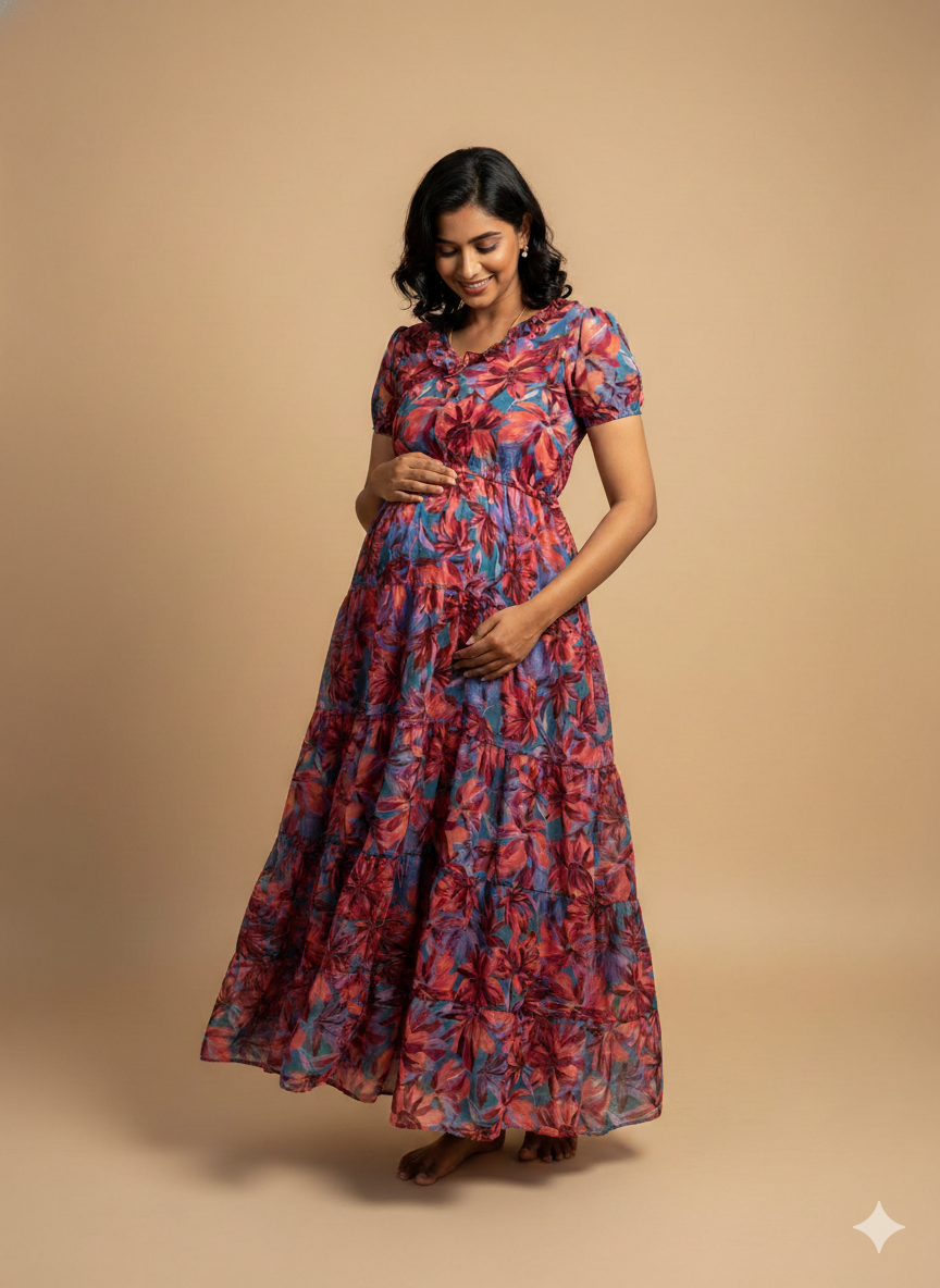 Blooming Beauty: Red&Blue Flower - Center Zip - Georgette Feeding Gown