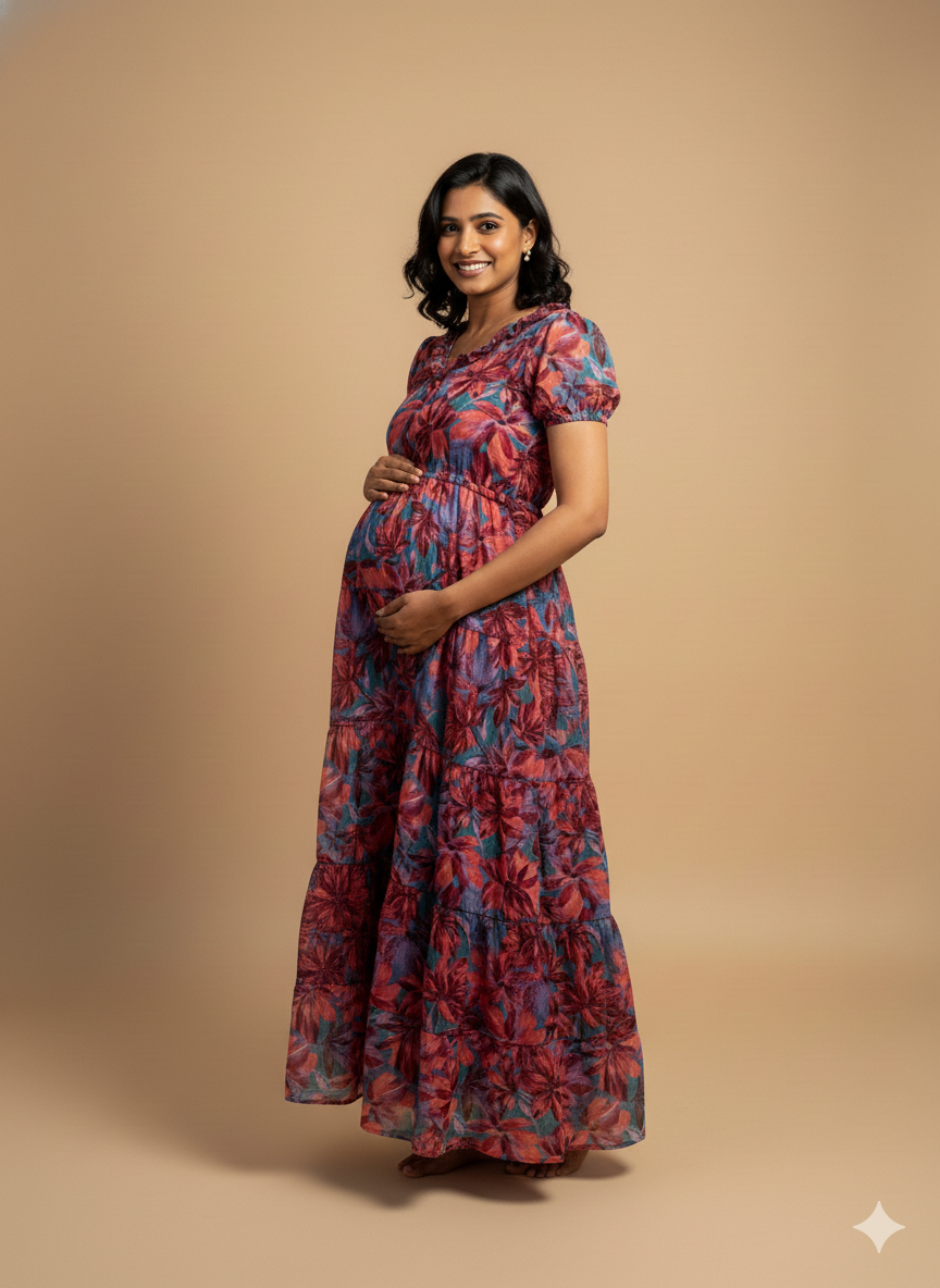 Blooming Beauty: Red&Blue Flower - Center Zip - Georgette Feeding Gown