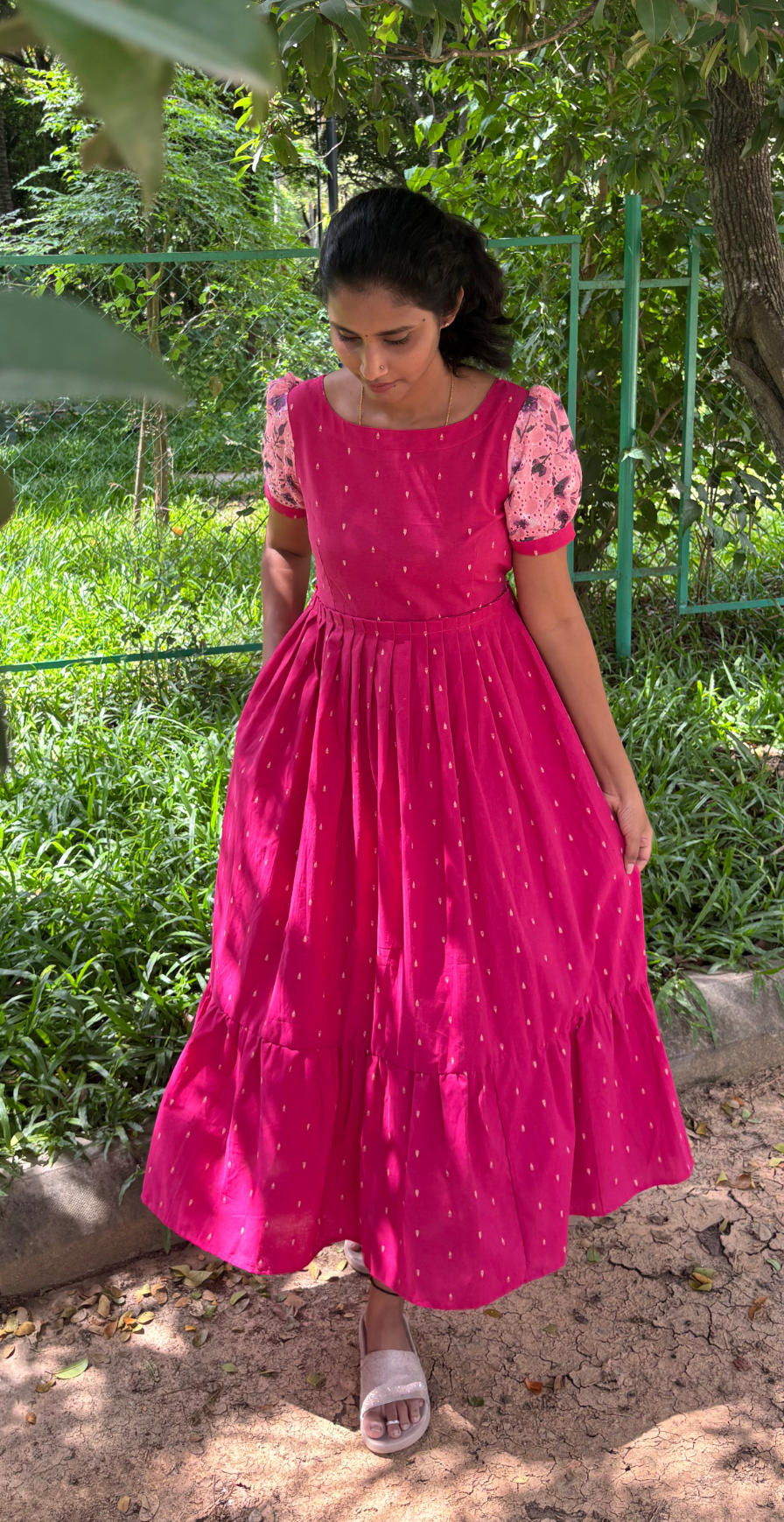 Vanadhi Pink Handloom Cotton Dress for Women – 2-Tier Ethnic Wear (Optional feeding)