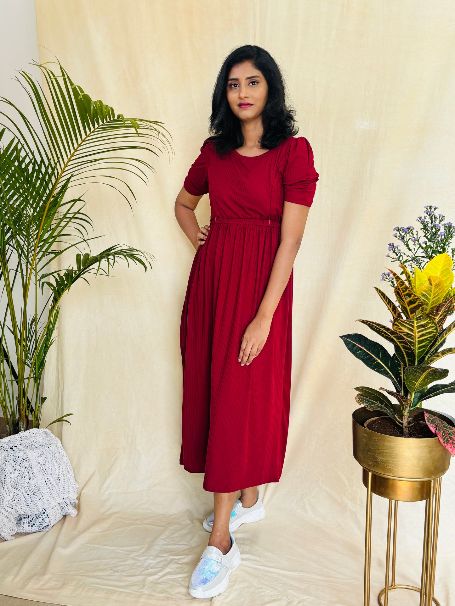 Maroon Cross-Zip Feeding Gown