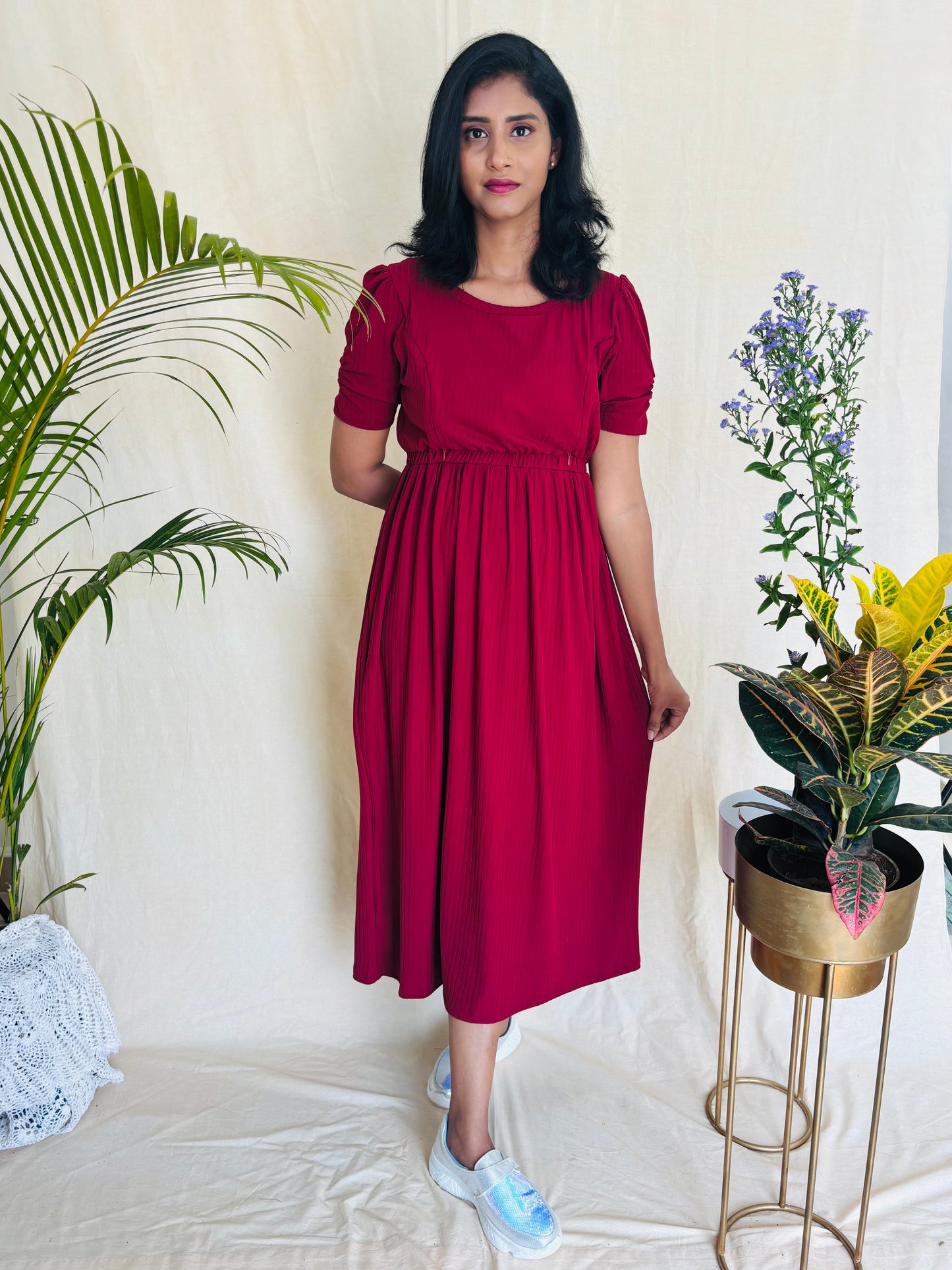 Maroon Cross-Zip Feeding Gown