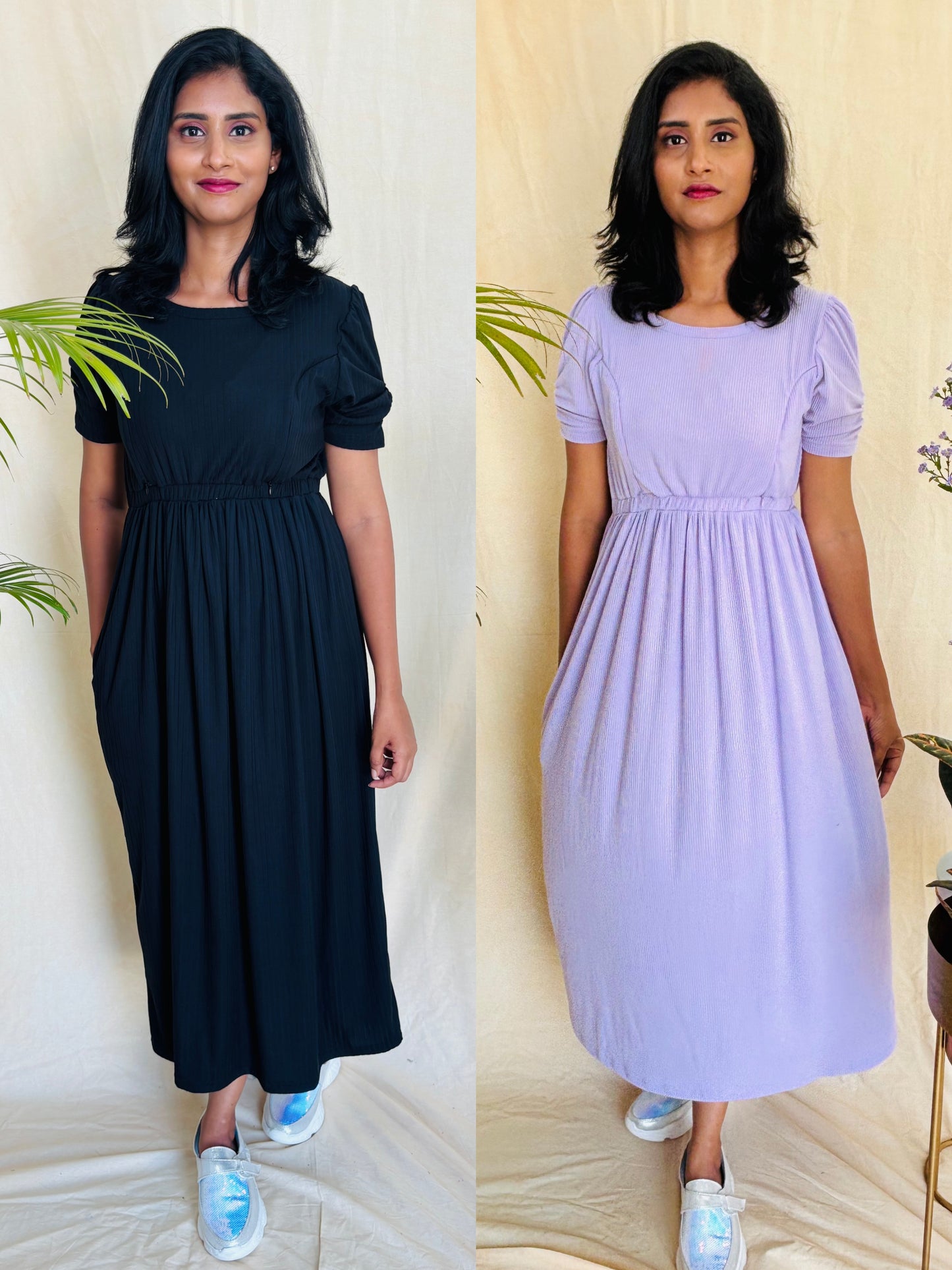 Black and Lavender Cross-Zip Feeding Gown combo