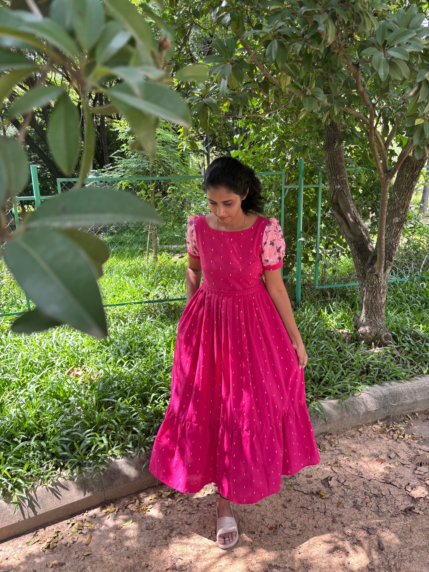 Vanadhi Pink Handloom Cotton Dress for Women – 2-Tier Ethnic Wear (Optional feeding)