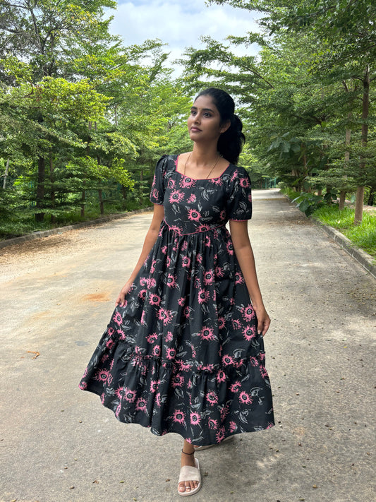 Vasundhra– black Handloon printed 2-Tier Dress (Optional feeding)