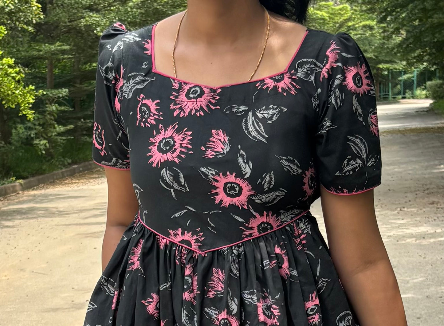 Vasundhra– black Handloon printed 2-Tier Dress (Optional feeding)