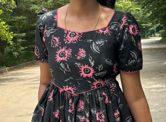 Vasundhra– black Handloon printed 2-Tier Dress (Optional feeding)