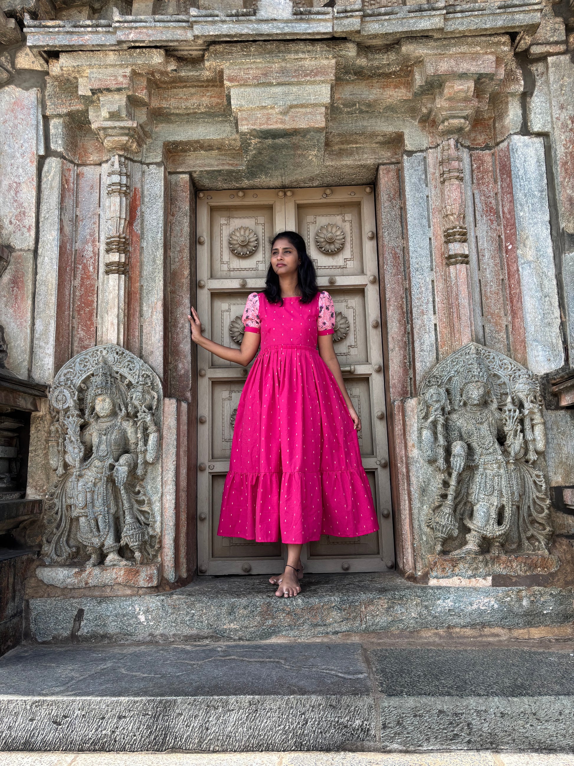 Vanadhi Pink Handloom Cotton Dress for Women 2-Tier Ethnic Wear (Optional feeding) - S / No Zip Vanadhi Pink Handloom Cotton Dress for Women 2-Tier Ethnic Wear (Optional feeding) - S / No Zip
