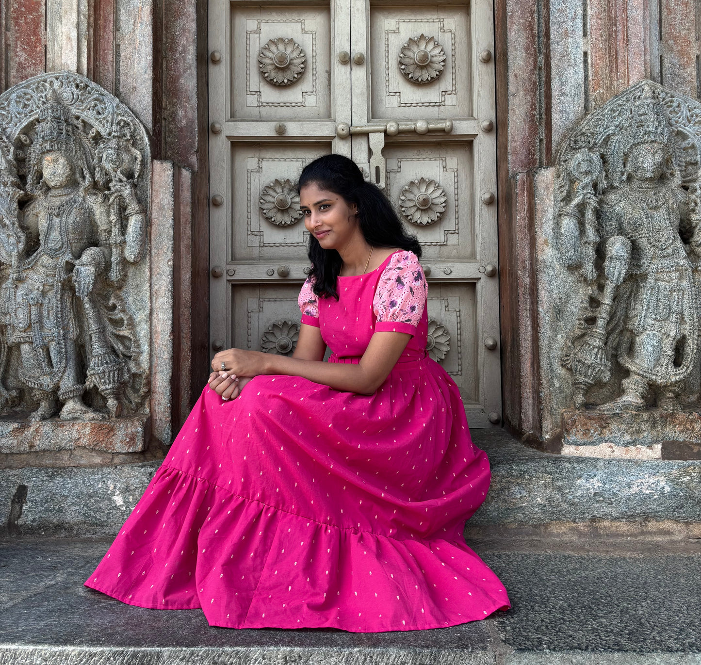 Vanadhi Pink Handloom Cotton Dress for Women – 2-Tier Ethnic Wear (Optional feeding)