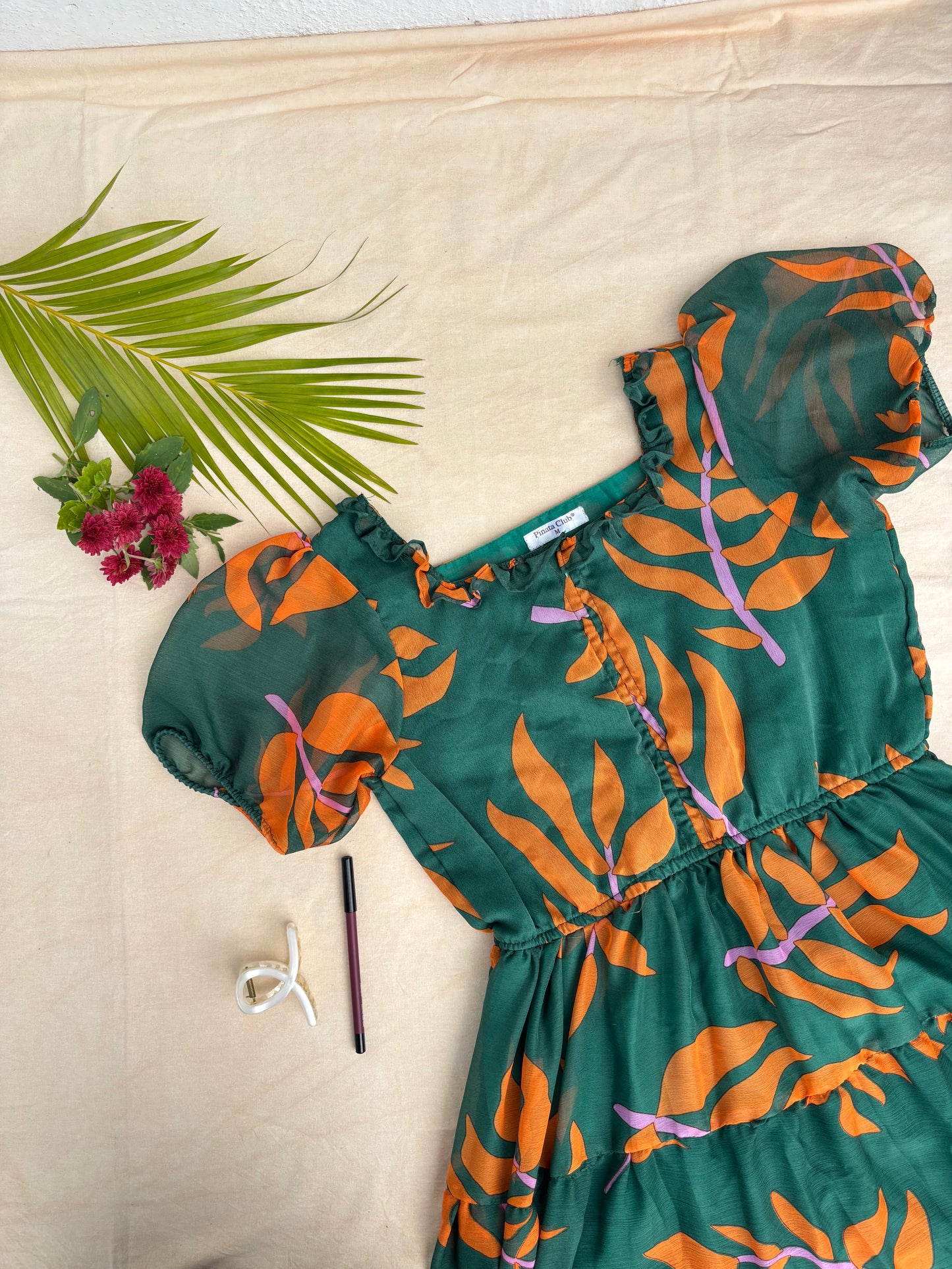 Whispers of Nature: Green Leaves Center Zip Chiffon Feeding Gown