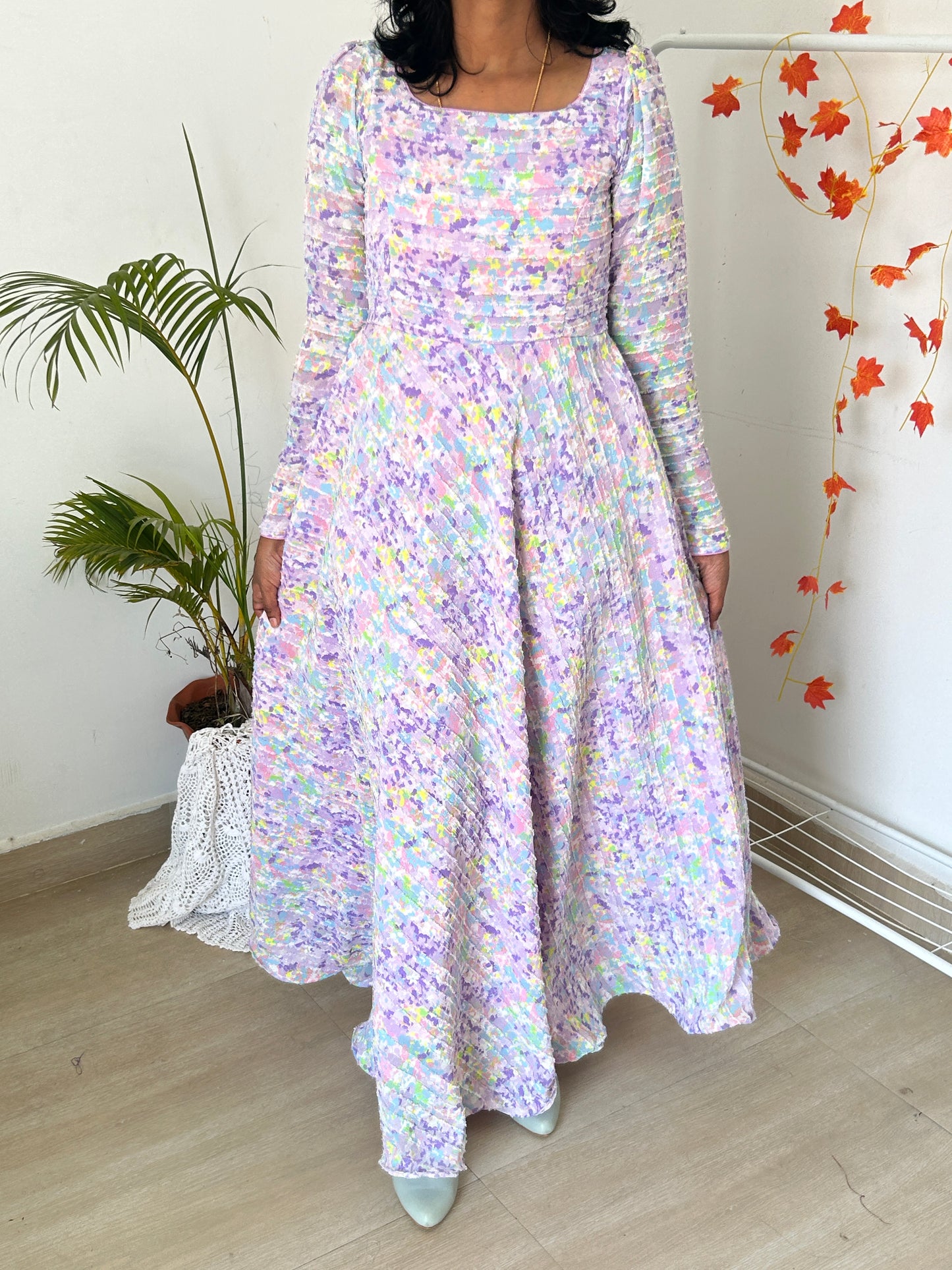 Regal Elegance: Purple Fur Bhutta Feeding Chiffon Gown