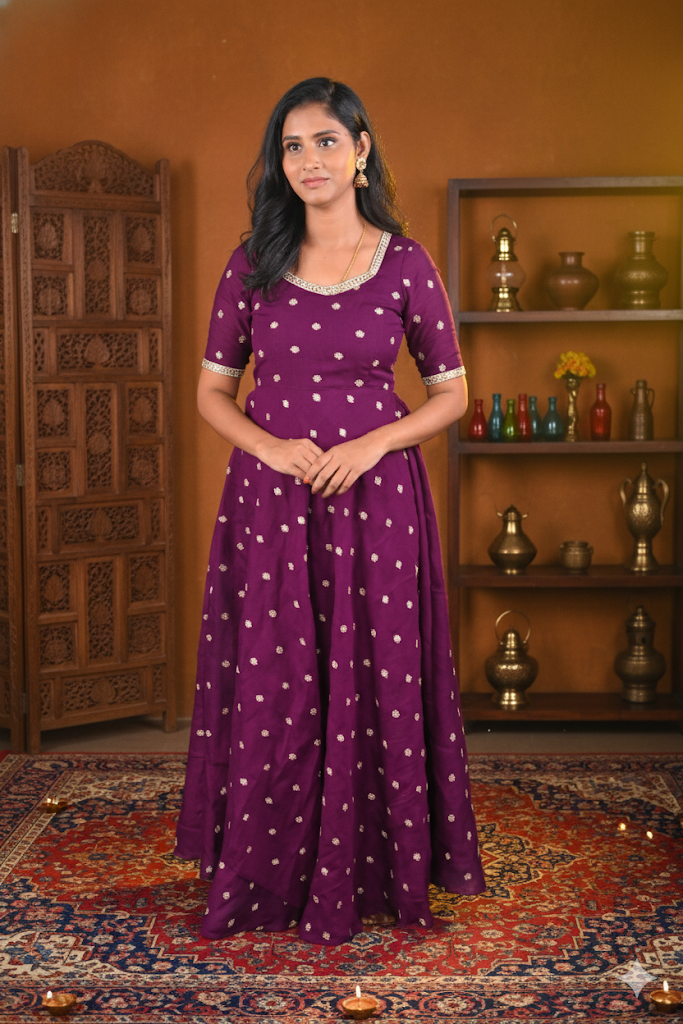 Regal Plum: Vichitra Silk Anarkali Gown with Silver Buttas