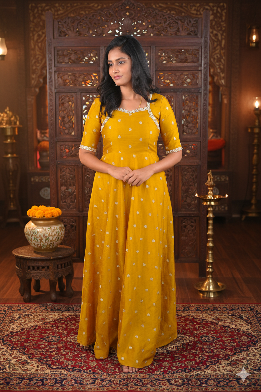Elegance in Gold: Vichitra Silk Anarkali Gown