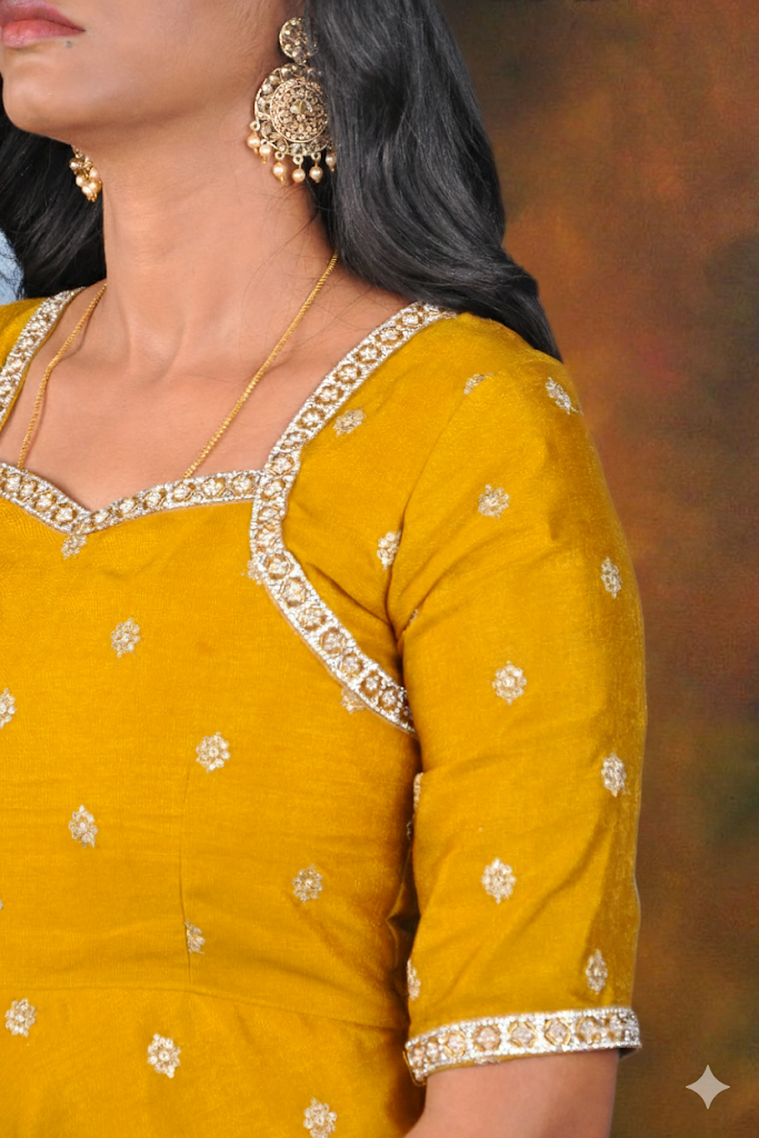 Elegance in Gold: Vichitra Silk Anarkali Gown