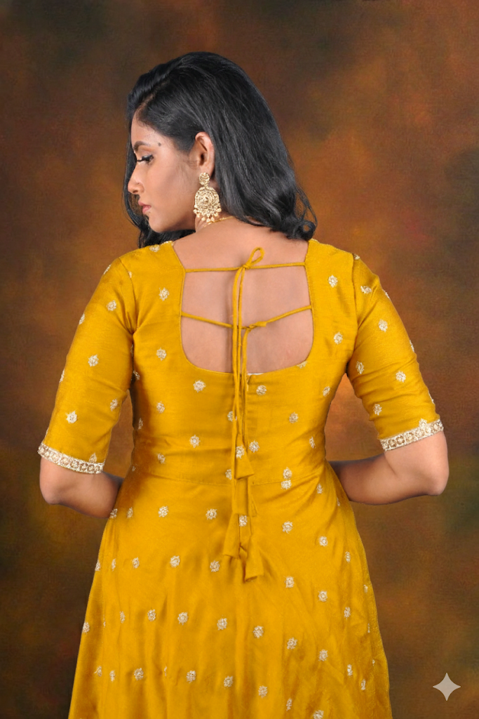 Elegance in Gold: Vichitra Silk Anarkali Gown