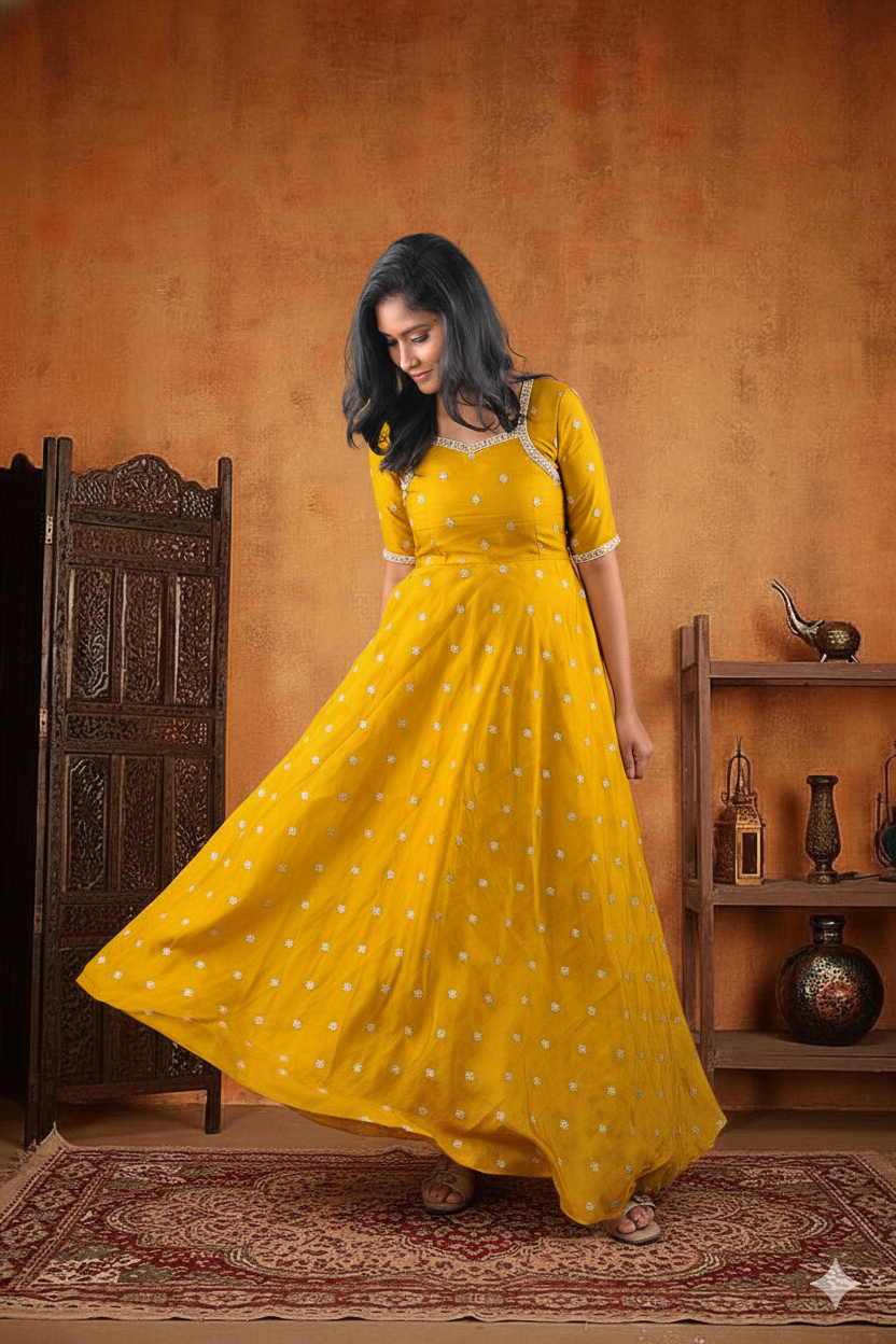 Elegance in Gold: Vichitra Silk Anarkali Gown