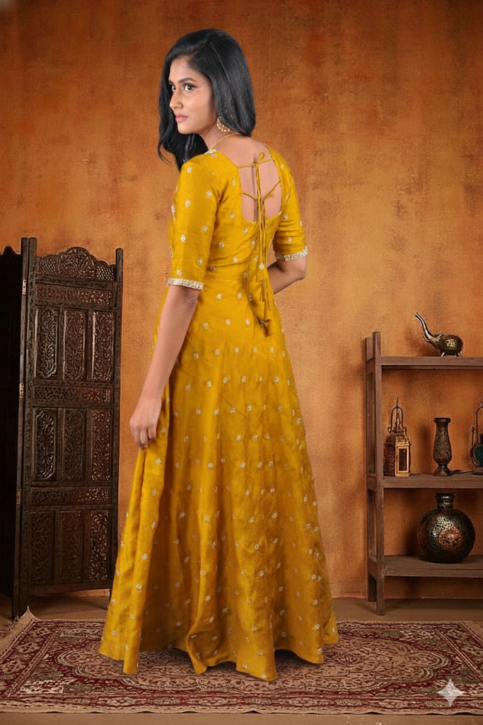 Elegance in Gold: Vichitra Silk Anarkali Gown