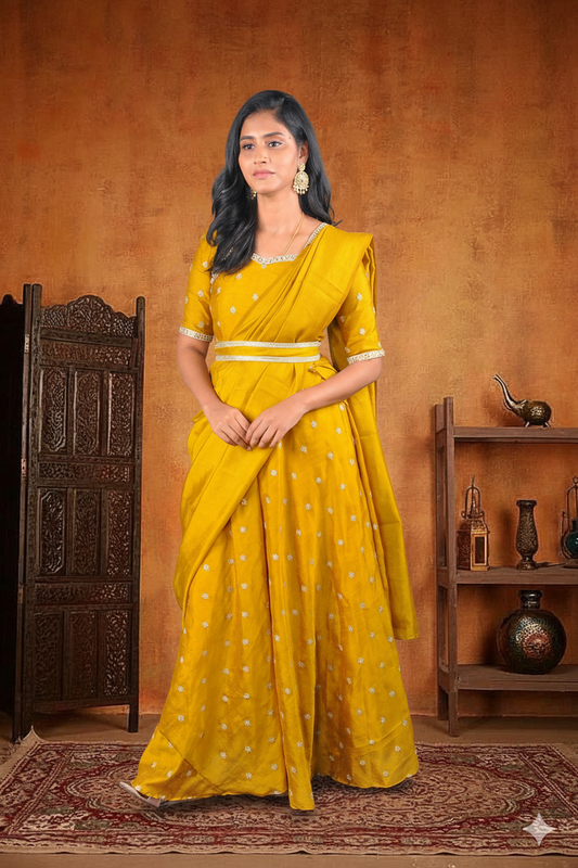Elegance in Gold: Vichitra Silk Anarkali Gown