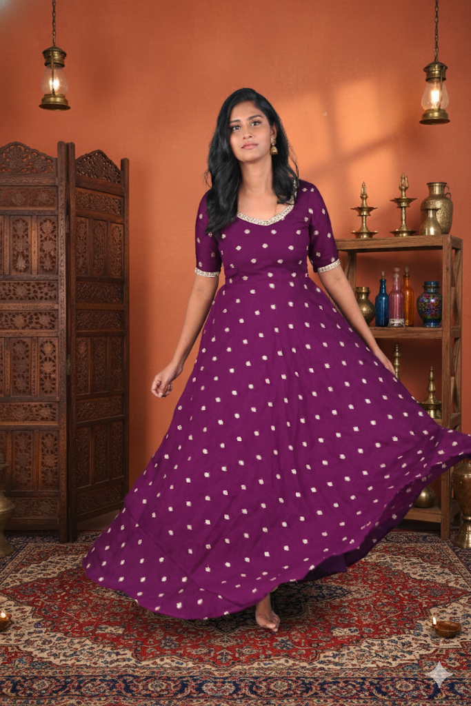 Regal Plum: Vichitra Silk Anarkali Gown with Silver Buttas