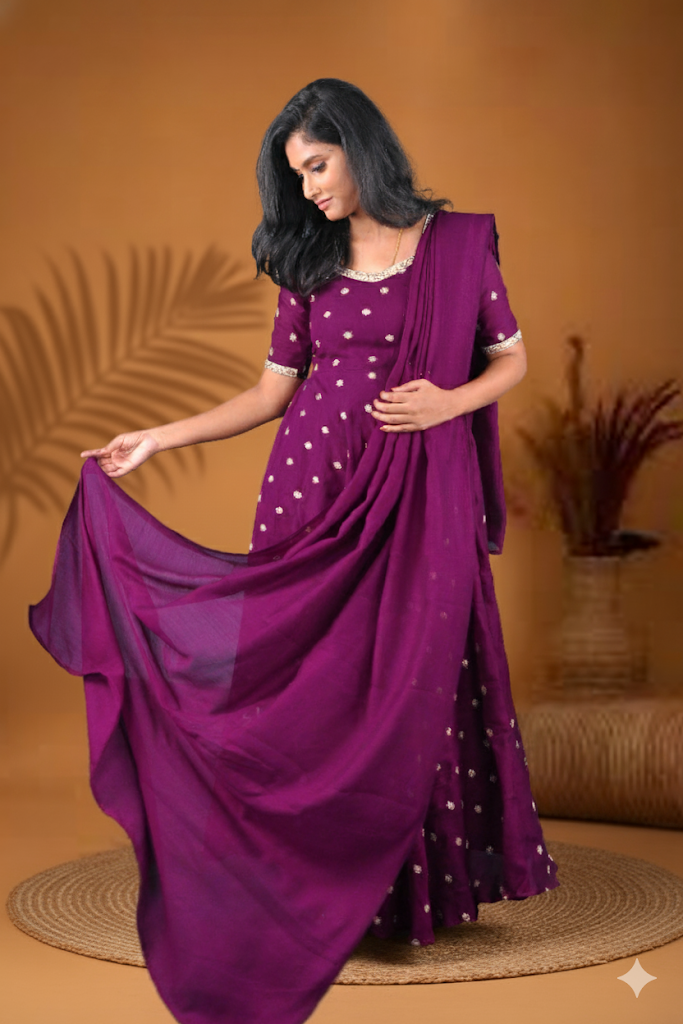 Regal Plum: Vichitra Silk Anarkali Gown with Silver Buttas
