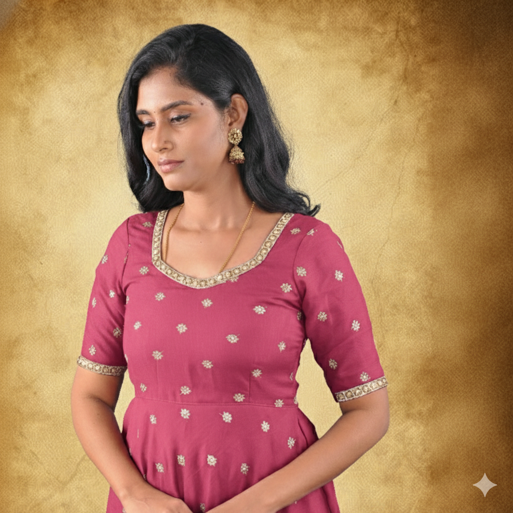 Coral Pink: Vichitra Silk Anarkali Gown with Silver Buttas