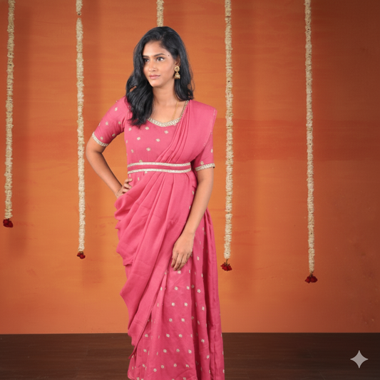 Coral Pink: Vichitra Silk Anarkali Gown with Silver Buttas