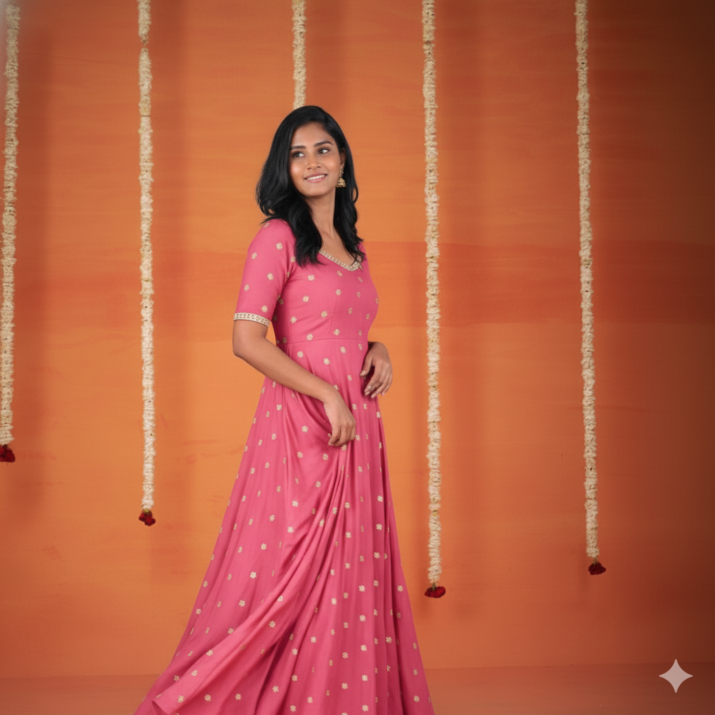 Coral Pink: Vichitra Silk Anarkali Gown with Silver Buttas