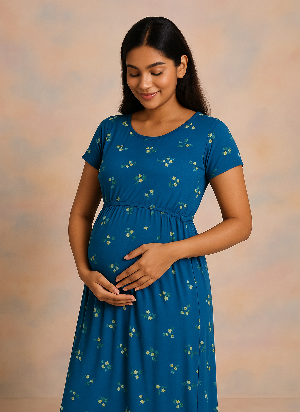 Blooming Beauty: Blue Floral Elastic Feeding Gown