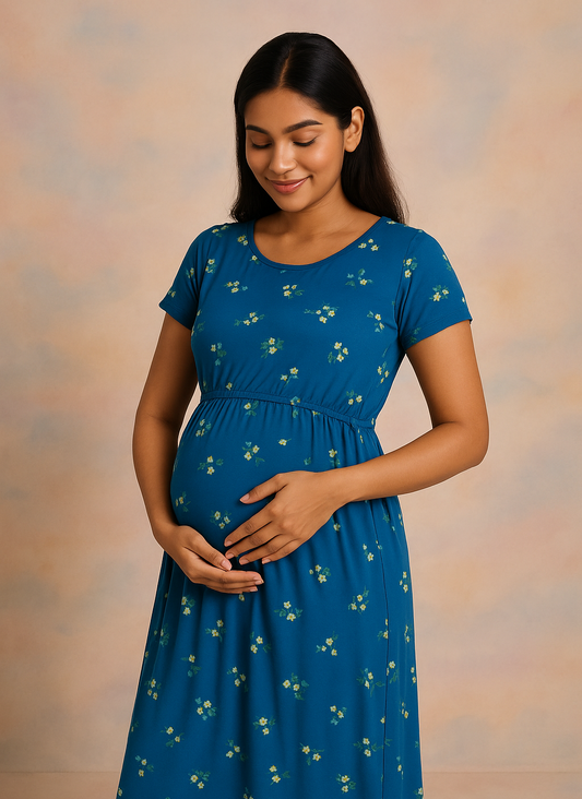 Blooming Beauty: Blue Floral Elastic Feeding Gown