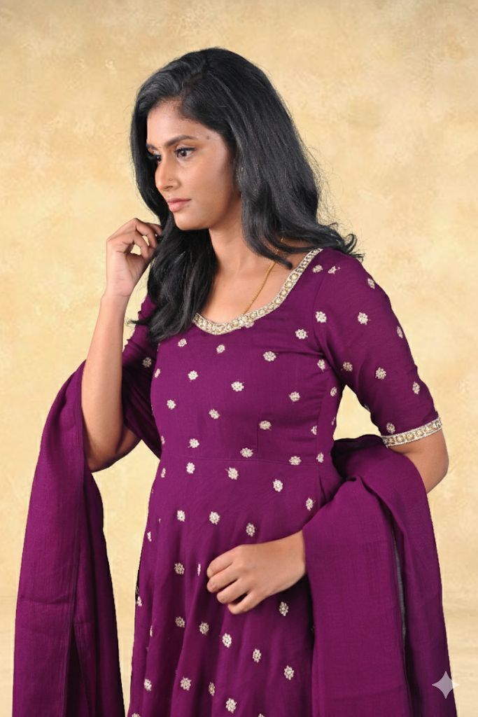 Regal Plum: Vichitra Silk Anarkali Gown with Silver Buttas