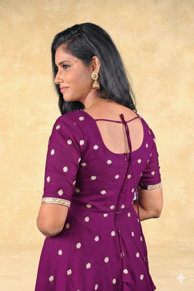 Regal Plum: Vichitra Silk Anarkali Gown with Silver Buttas